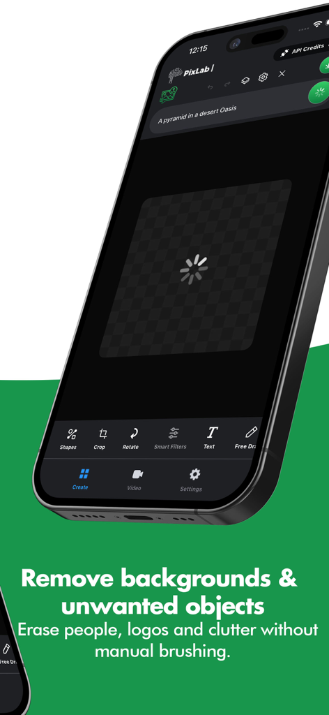 PixLab: AI Prompt Photo Editor - Interface do aplicativo PixLab AI Photo Editor em um smartphone mostrando recursos de remoção de fundo e objetos com um prompt de texto.