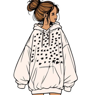 realistic girl with a oversized sweatshirt on and a bun