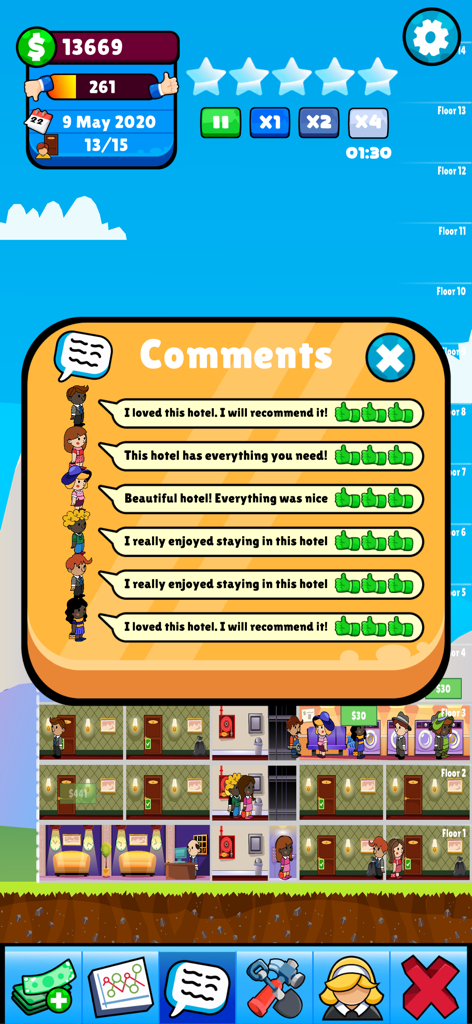 Una captura de pantalla de Theme Hotel Tycoon que muestra una ventana emergente con comentarios positivos de los huéspedes y calificaciones sobre el juego del hotel