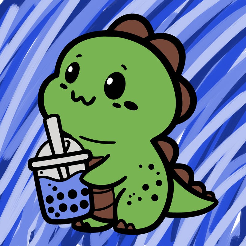a kawaii dinosaur holding boba tea
