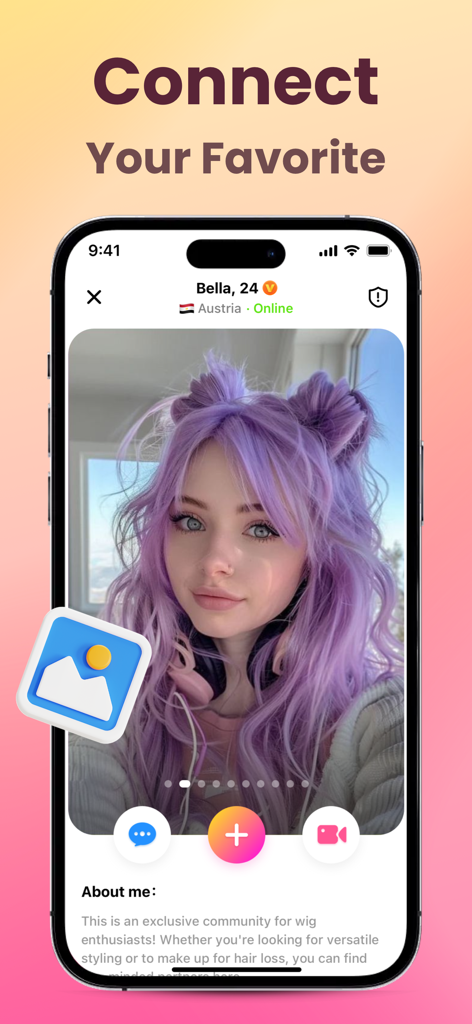 Interfaz de la aplicación MOMOF mostrando el perfil de una usuaria con cabello morado y opciones de chat comunitario.