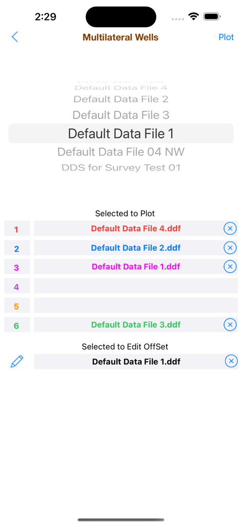 Directional Drilling - Screenshot of the Multilateral Wells selection screen in the Directional Drilling app showing various data files selected for plotting and offset editing.