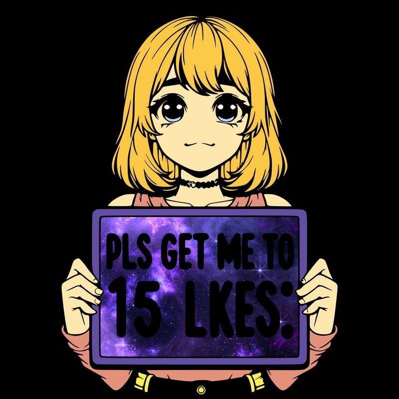 realistic girl holding up a sign that says “pls get me to 15 likes!”