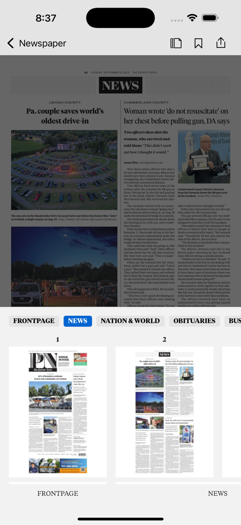 Interface of The Patriot-News app displaying a digital replica of the newspaper news section