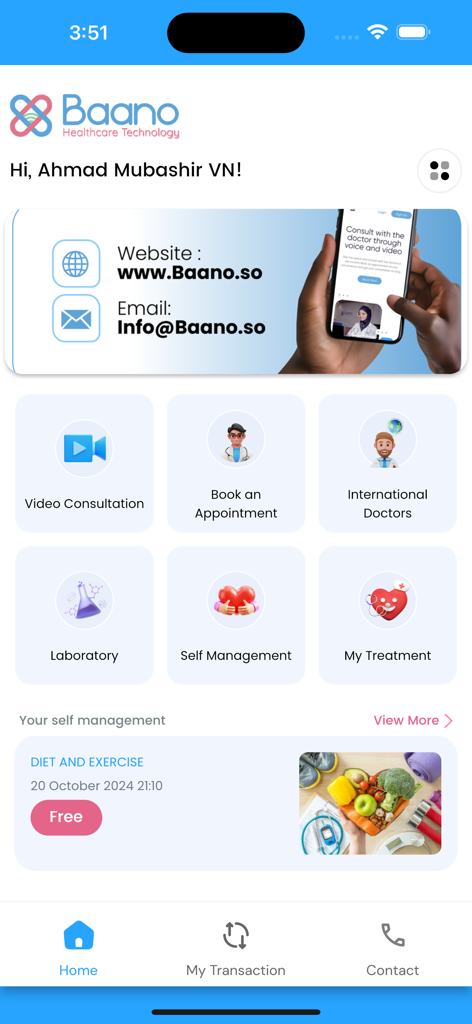 Baano - Baano app dashboard showing video consultation and medical appointment features