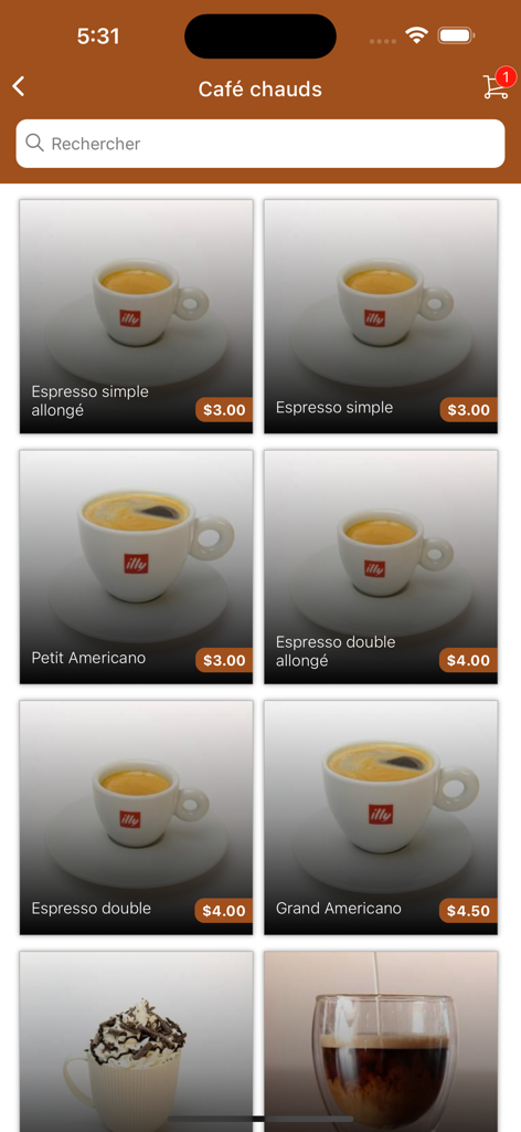 Barri Cafe - Menu screen of the Barri Cafe app displaying various hot coffee options and prices