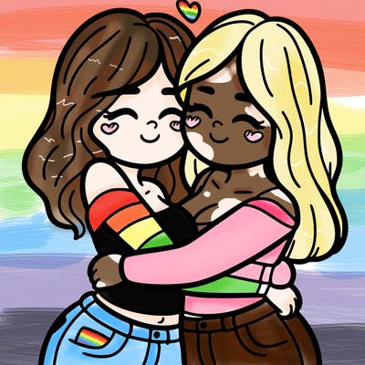 two females (pride month) hugging