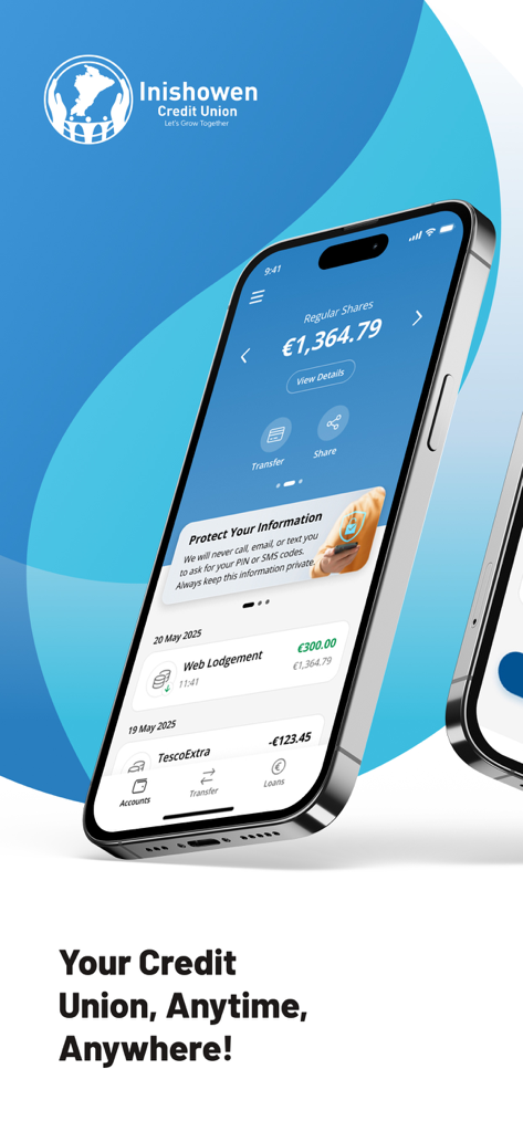 Teléfono inteligente mostrando la aplicación de banca móvil de Inishowen Credit Union con saldo de cuenta e historial de transacciones