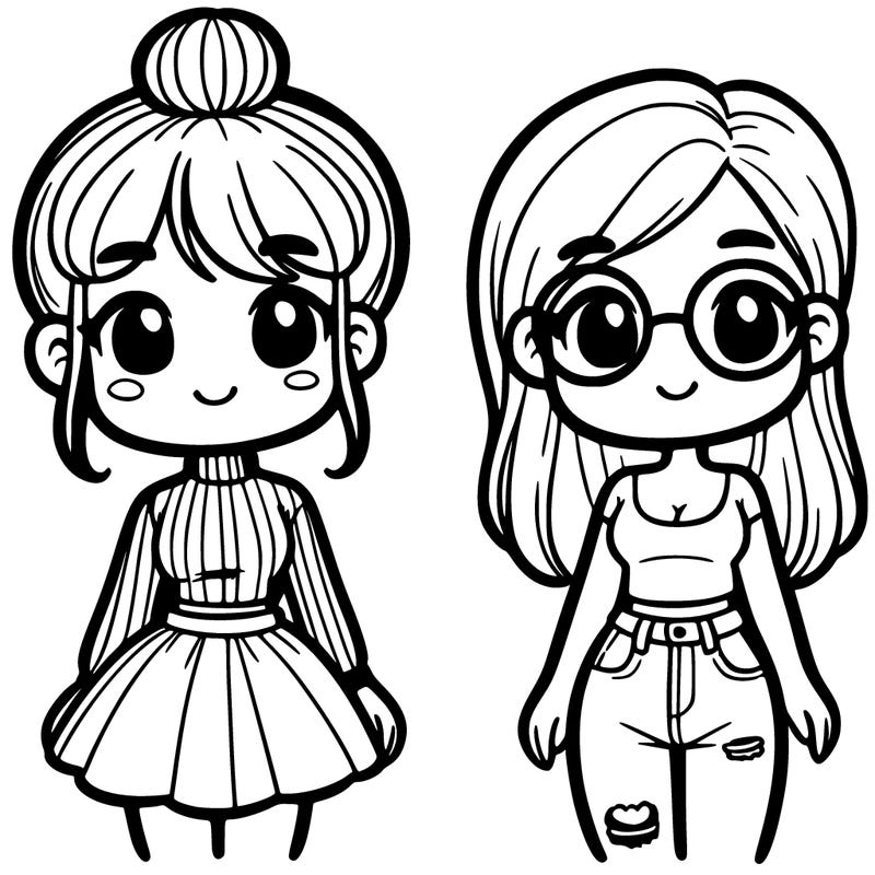 one girl with a bun, turtle neck, and short skirt. and another girl with a tank top, jeans, and glasses
