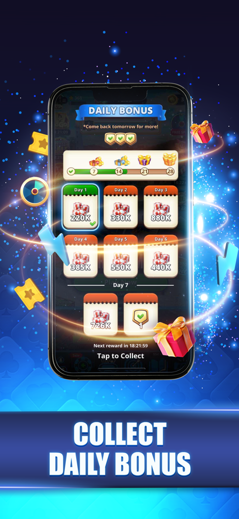 A daily bonus reward screen in the Poker Face app showing a calendar of free chip rewards for consecutive log-ins.