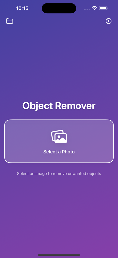 Object Remover - AI Eraser - 보라색 그라데이션 배경에 사진 선택 버튼이 있는 객체 제거 AI 지우개 앱 홈 화면