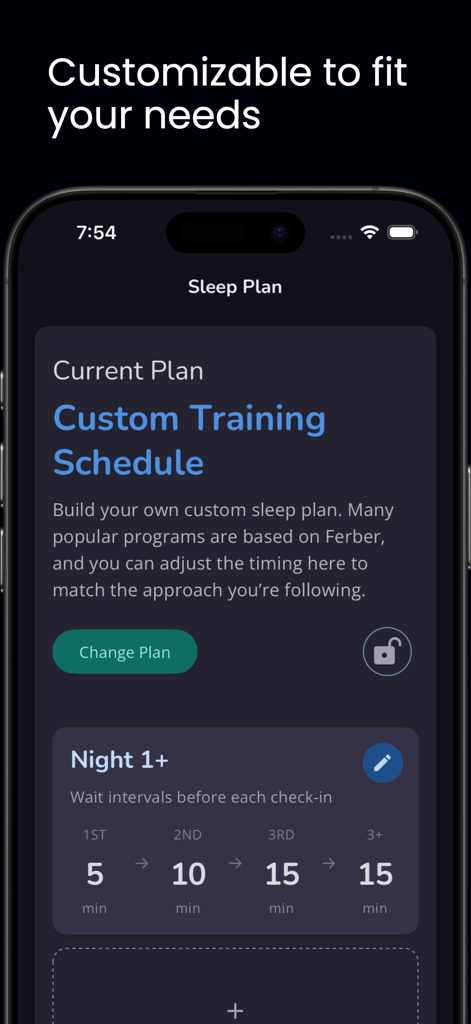 Oona: Baby Sleep Trainer - Oona app screen showing a customizable baby sleep training schedule with wait intervals
