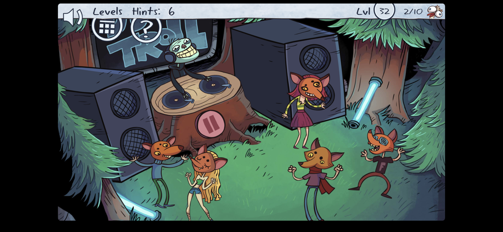 Troll Face Quest Video Memes - A forest level in Troll Face Quest featuring a DJ and characters dancing in fox masks.