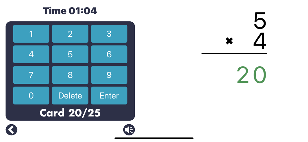 MathEdge Multiplication app interface showing a math flash card with a number pad and timer