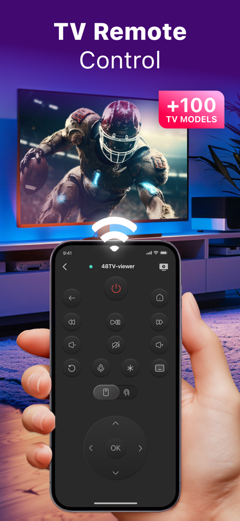 Hand holding an iPhone displaying the Remote Control for Ro-TV app interface in front of a smart TV