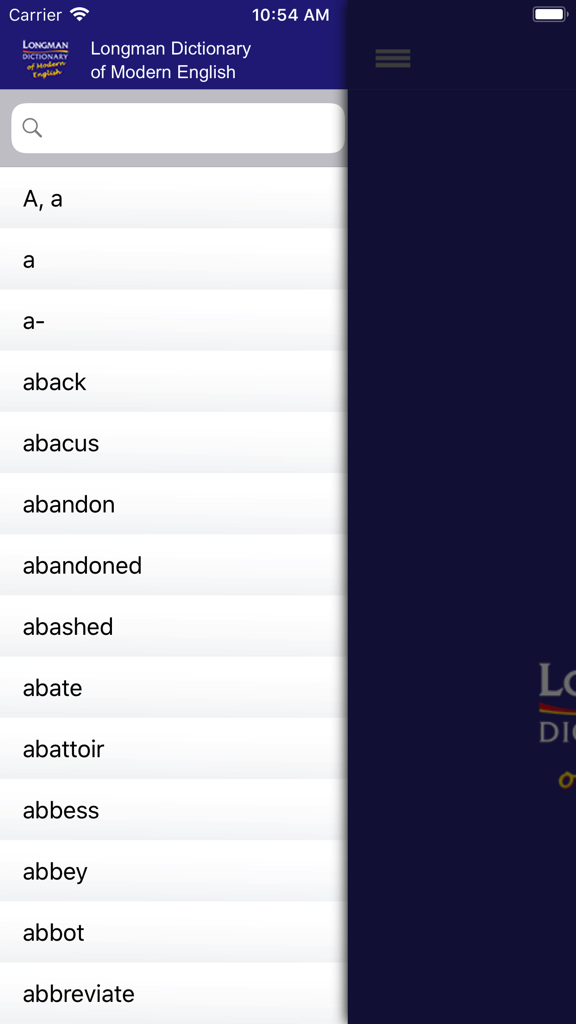 Longman Dict of Modern English - Search interface and word list of the Longman Dictionary of Modern English mobile app