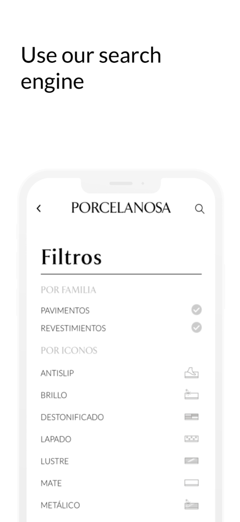 Porcelanosa mobile app showing search and filter options for tile products