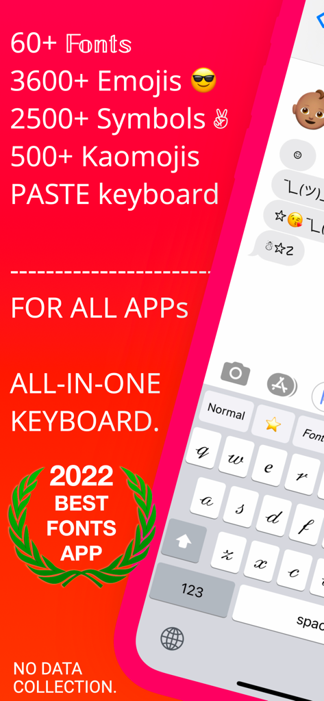 Custom Fonts° - Custom Fonts app interface showing various font styles symbols and emojis on an iPhone keyboard
