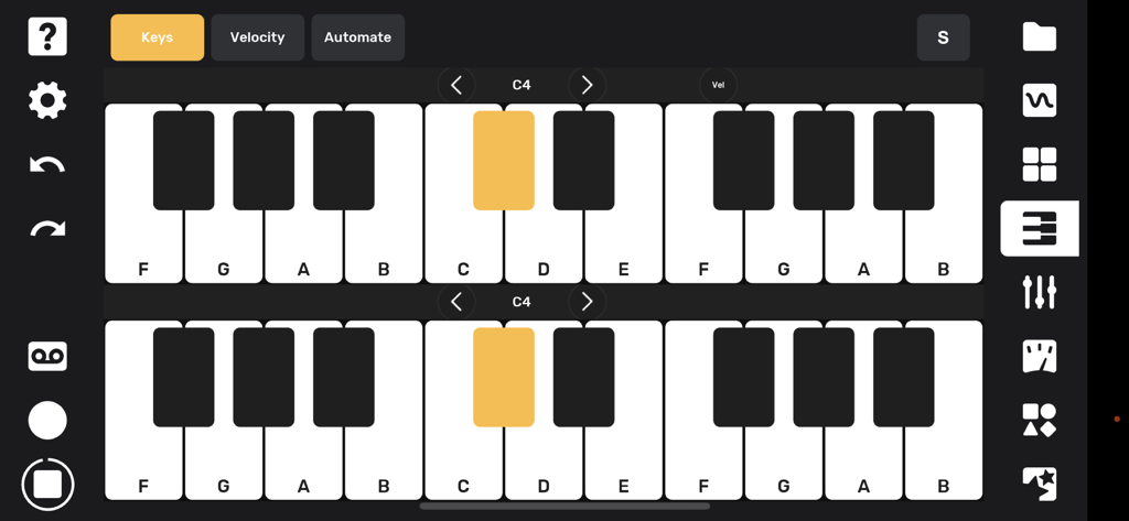 Flip Sampler - Dual piano keyboard interface in Flip Sampler for playing and recording melodic sounds