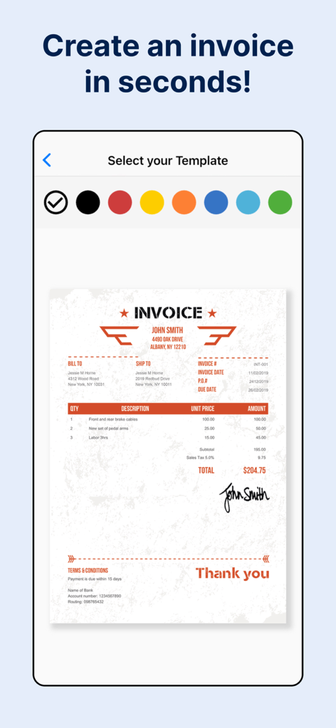 Invoice Maker by Invoice Home - Pantalla de la aplicación móvil que muestra la selección y vista previa de plantillas de facturas profesionales