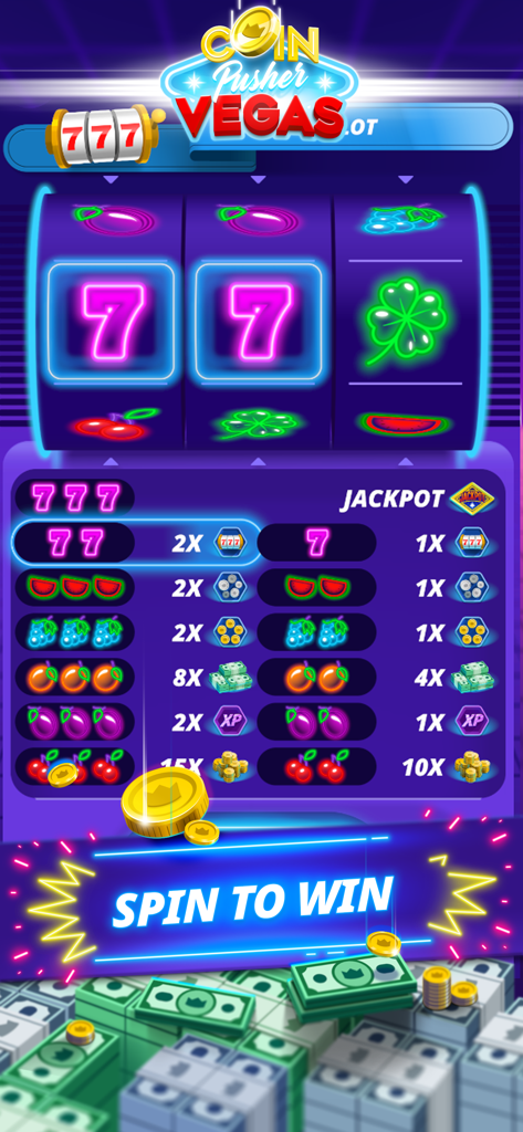 Coin Pusher Vegas Maniaのスロットマシンミニゲーム画面。ネオンシンボルと賞金テーブルが表示されています