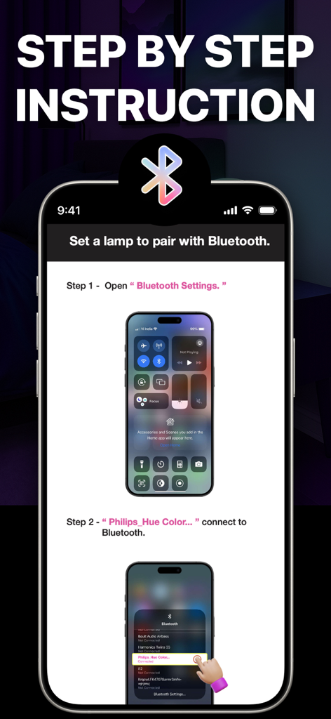Step by step instructions for pairing an LED lamp with the LedAI app via Bluetooth