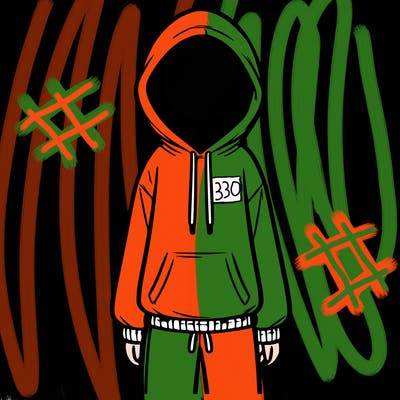 faceless girl in a tracksuit with a hood on and no hair
