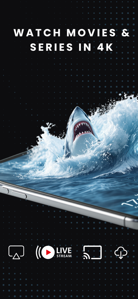 Smart IPTV Pro+ M3U Player - Captura de pantalla de la aplicación Smart IPTV Pro que muestra funciones de streaming de películas y series 4K con visual de tiburón de alta calidad