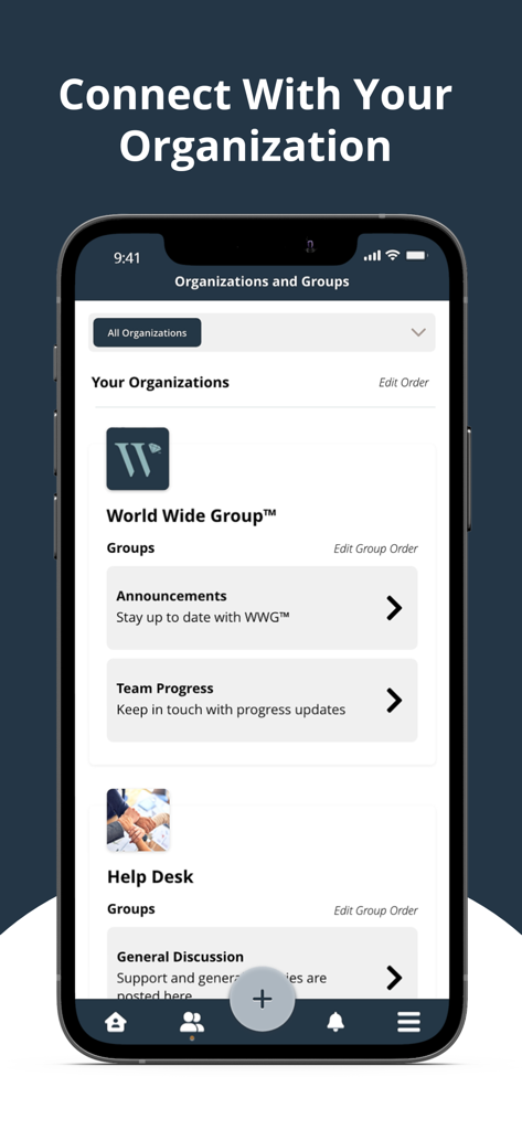 DreamStream app interface displaying World Wide Group organizations and communication groups like announcements and team progress
