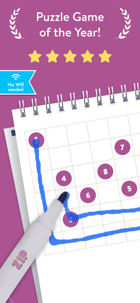 Zip – Connect the Numbers - Gameplay screenshot of Zip Connect the Numbers showing a blue marker drawing a path between numbered circles on a grid notebook.