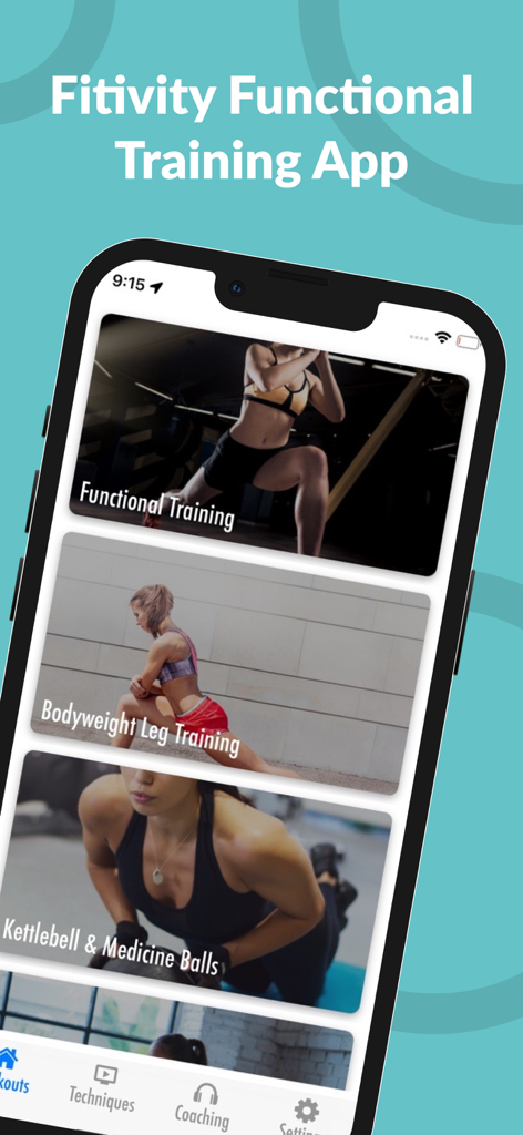 Écran de l'application Fitivity affichant les options d'entraînement fonctionnel et d'entraînement au poids du corps