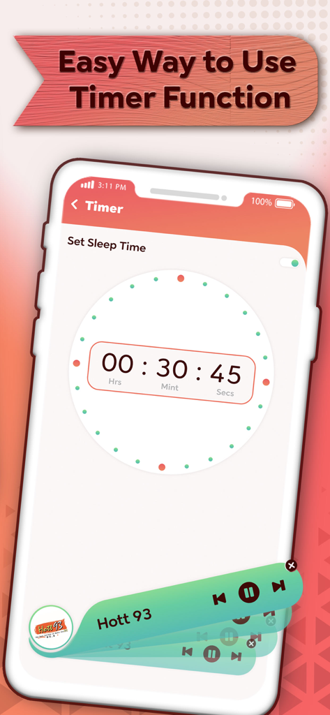 A mobile interface for the Trinidad and Tobago Live Radio app showing the sleep timer setting with a circular clock selector.