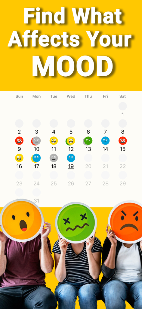 Mood Feel Tracker MoodFeel - MoodFeel app screen showing a monthly calendar with daily emoji mood icons and people holding large emotional masks.