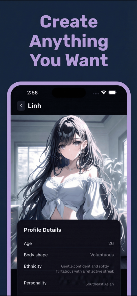 Interface of Crushly AI showing the creation of a custom anime AI companion profile with personality and physical details.