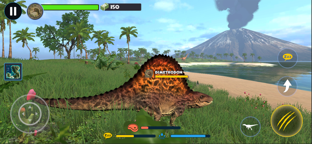 Jurassic Clash Primal Dino Sim - A Dimetrodon dinosaur roaming a tropical landscape with a volcano in the background.