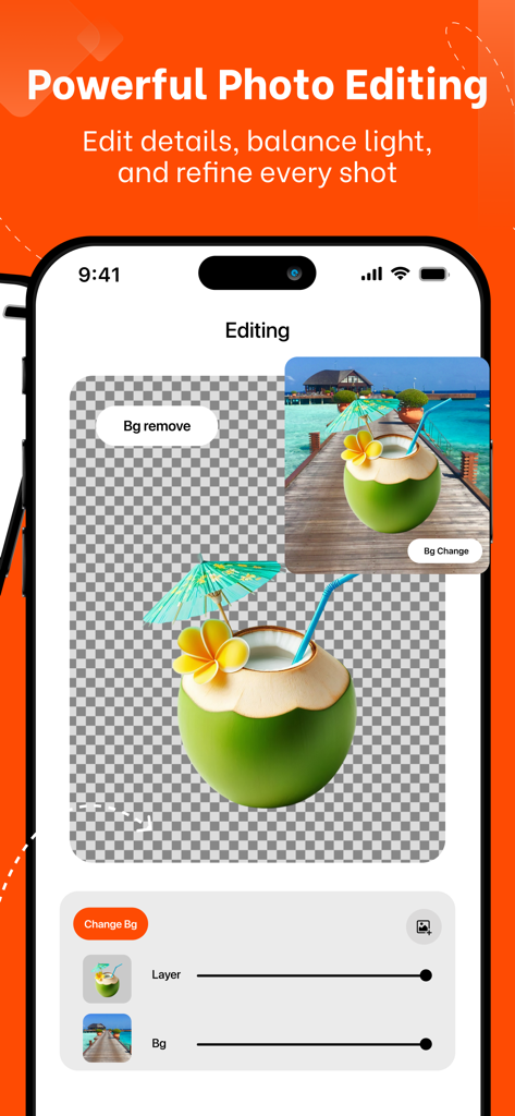 Photo Retouch Remove Objects - Uma interface de smartphone mostrando recursos de remoção de fundo e edição de fotos para uma imagem de bebida tropical.