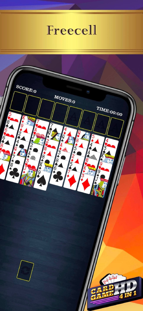 FreeCell card game interface on a smartphone screen from the Solitaire 4 in 1 HD app