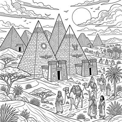 Embark on an artistic journey to ancient Nubia with this captivating coloring page featuring the majestic Nubian Pyramids. Designed with large, clear outlines, it offers a relaxing and engaging experience perfect for seniors to enjoy cultural exploration.