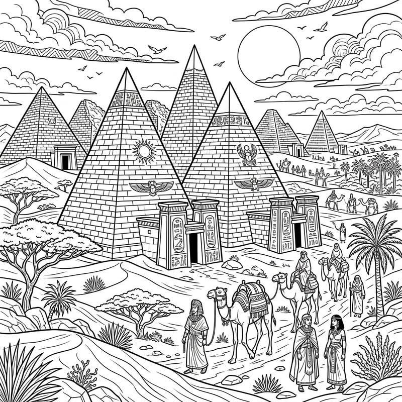 Embark on an artistic journey to ancient Nubia with this captivating coloring page featuring the majestic Nubian Pyramids. Designed with large, clear outlines, it offers a relaxing and engaging experience perfect for seniors to enjoy cultural exploration.