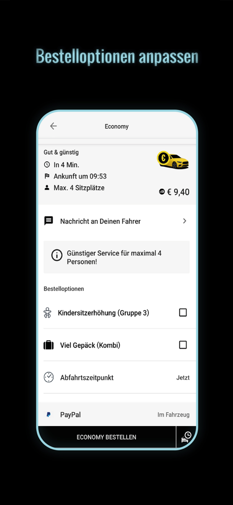 Taxi 40100 zum Fixpreis fahren - Taxi 40100 App-Oberfläche mit Fahr-Anpassungsoptionen für Kindersitze und PayPal-Zahlung in Wien.