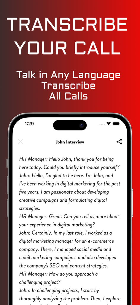 Tela do celular mostrando uma transcrição de texto gerada por IA de uma chamada de entrevista telefônica.