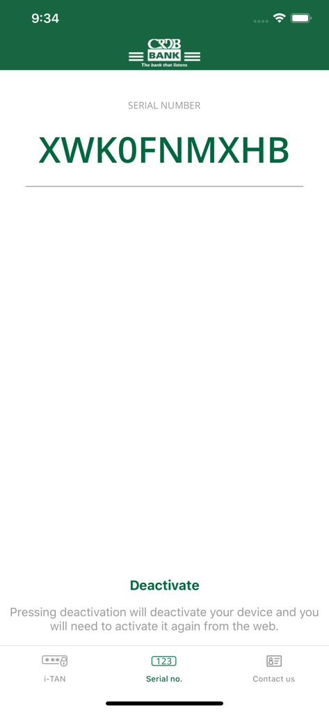 A mobile app screen for CRDB OTP displaying a device serial number and a deactivation option.