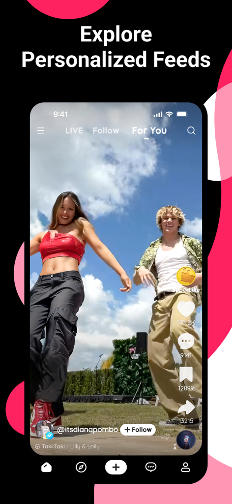 Screenshot of the Likee app interface showing a personalized video feed with two young creators dancing outdoors.