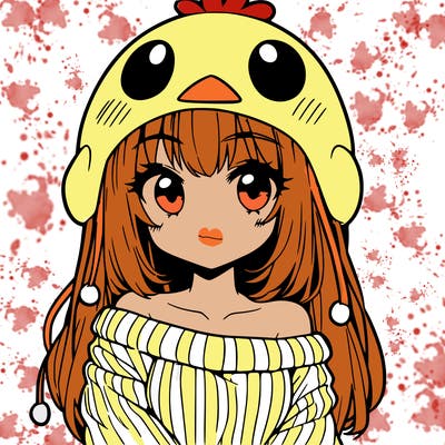 anime girl with chick shaped hat with sweater with bare shoulders with bangs covering them one eye with low tail