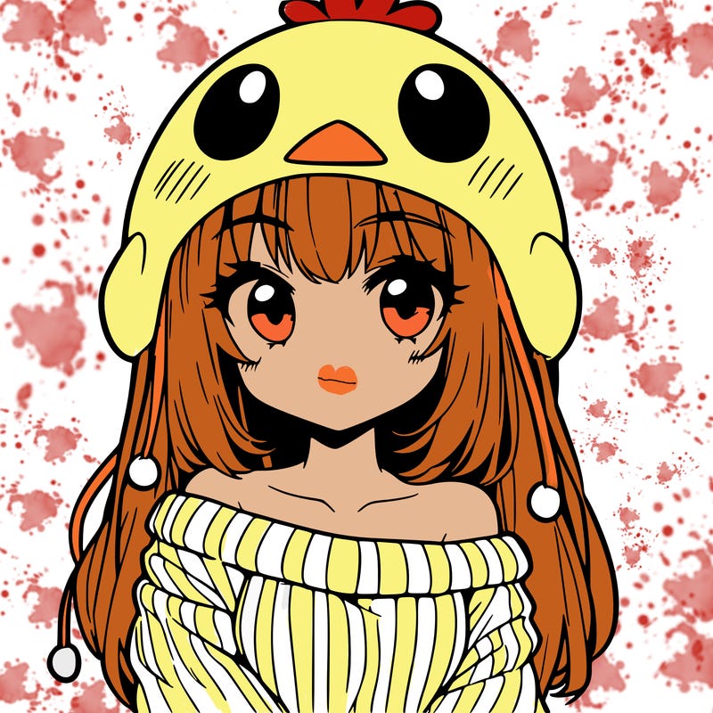 anime girl with chick shaped hat with sweater with bare shoulders with bangs covering them one eye with low tail