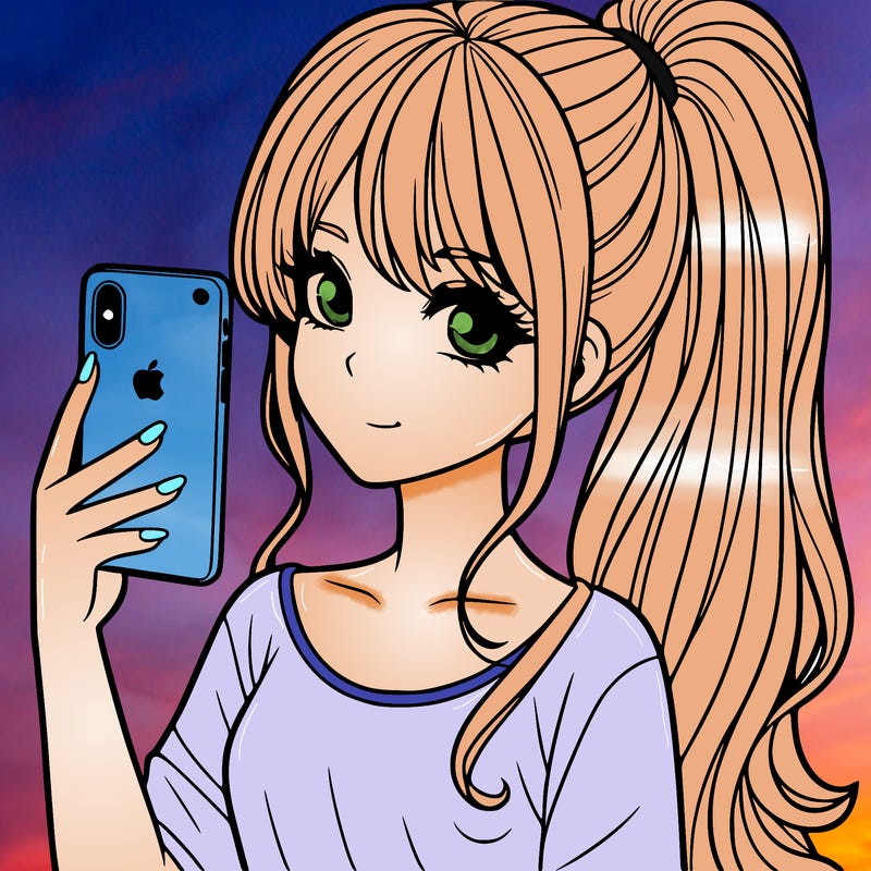 a realistic girl with a pony tail and a iphone