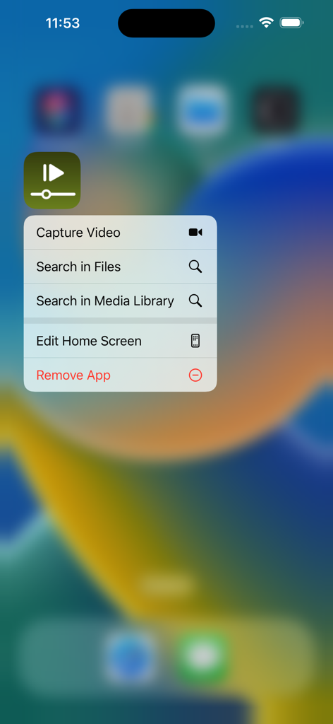 iOS home screen quick action menu for the Coach Video Analyzer app showing video capture and file search options.
