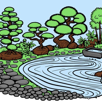 a serene zen garden with raked gravel, bonsai trees, and tranquil ponds