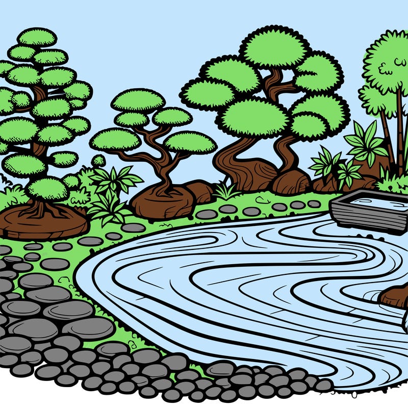 a serene zen garden with raked gravel, bonsai trees, and tranquil ponds