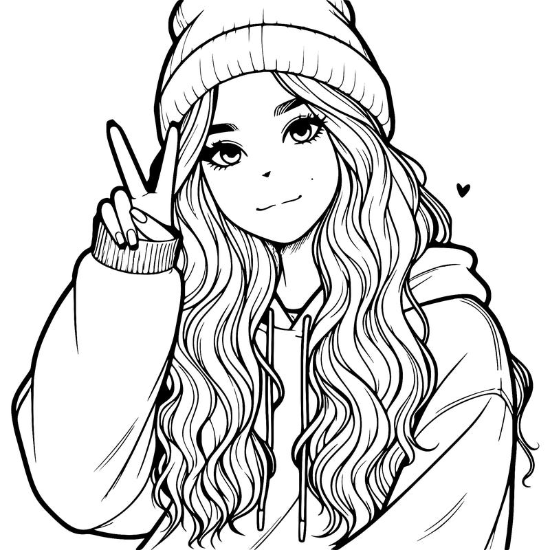 a teenage girl in a beanie, oversized sweatshirt, wavy long hair, and is showing a ✌️